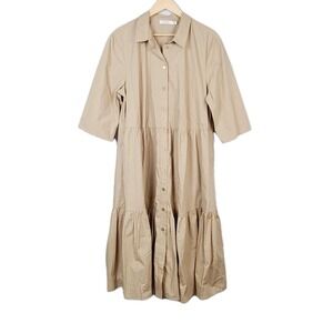 Masai Copenhagen Nydilla Dress 2XL Beige Cotton Tiered Midi Buttoned Shirt Dress